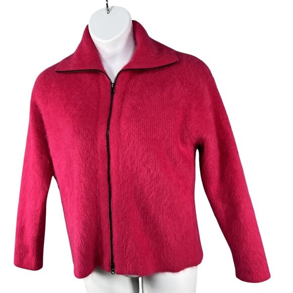 Vintage VENESHA Womens L 80% Angora Fuzzy Fuchsia Zip Sweater Jacket Old Money - Picture 7 of 16